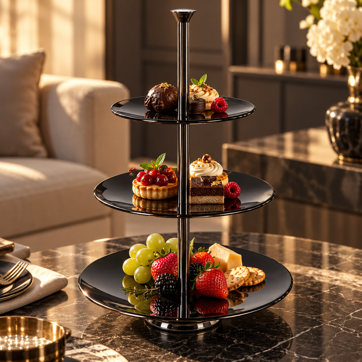 Zwarte etagère met hapjes in luxe setting