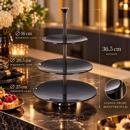 Zwarte etagère met lagen Ø25, Ø20,5 en Ø16 cm, hoogte 36,5 cm
