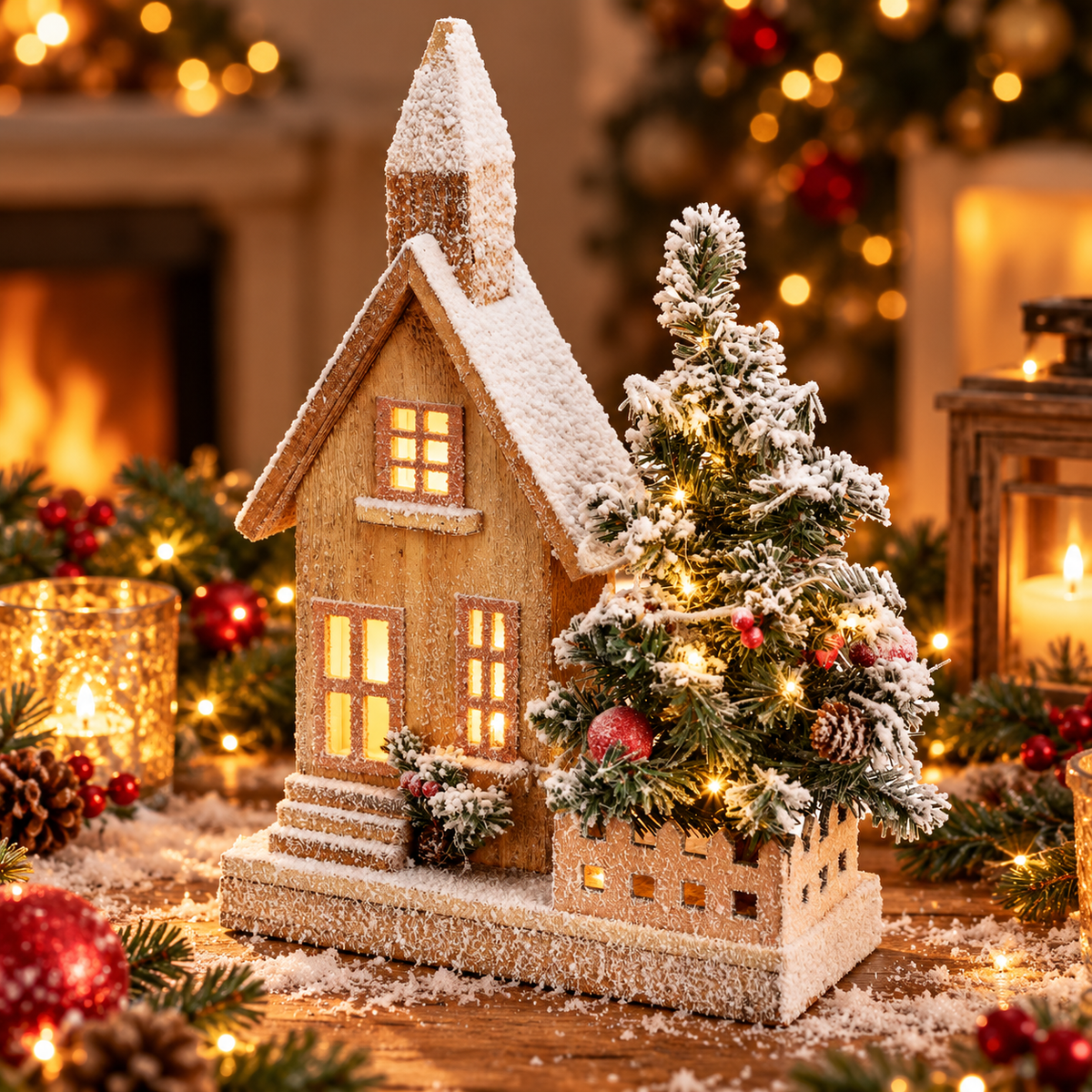 Houten kersthuisje 44 cm met 20 ledlampjes in luxe kerstsfeer