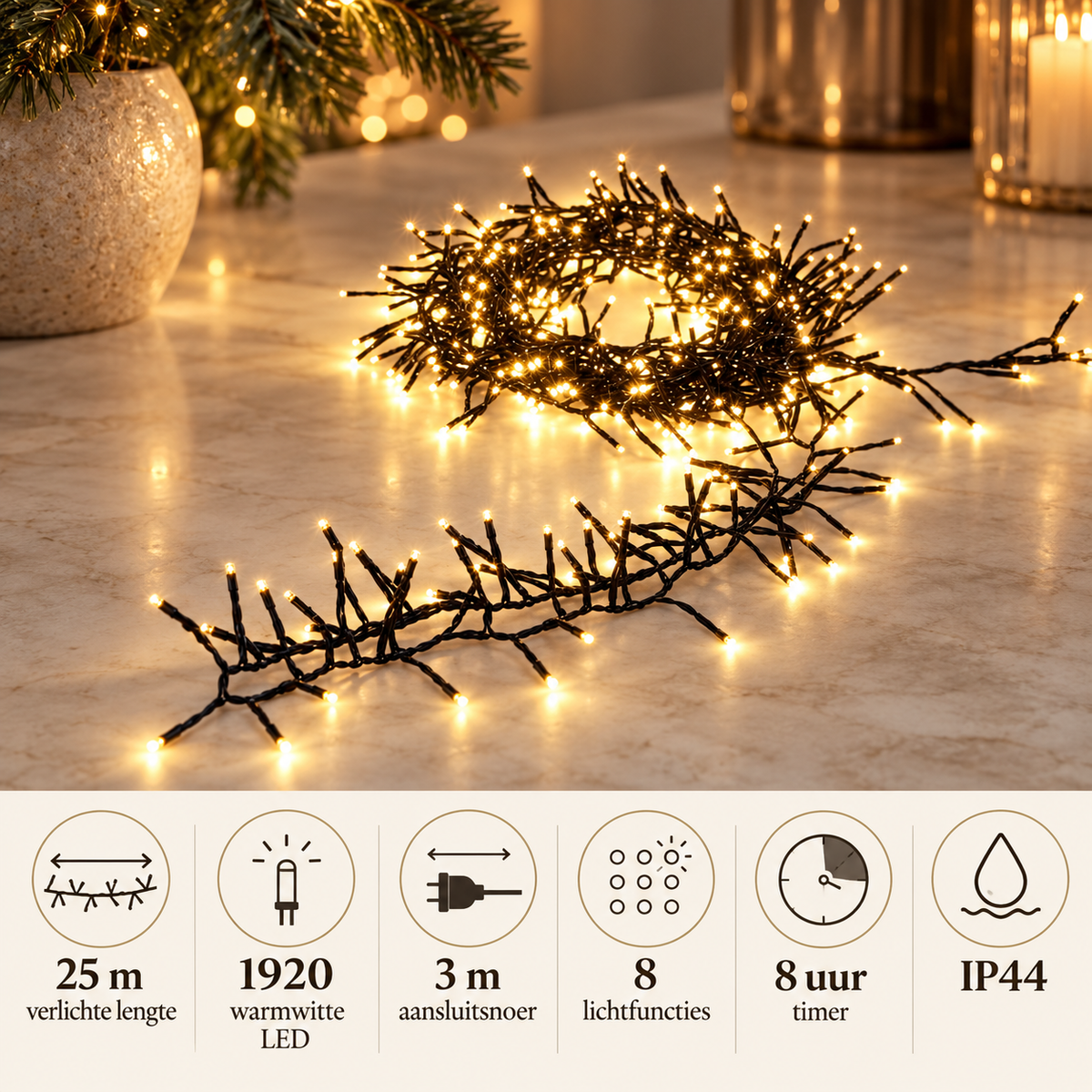 Clusterverlichting 25 m met 1920 leds, timer en IP44 kenmerken