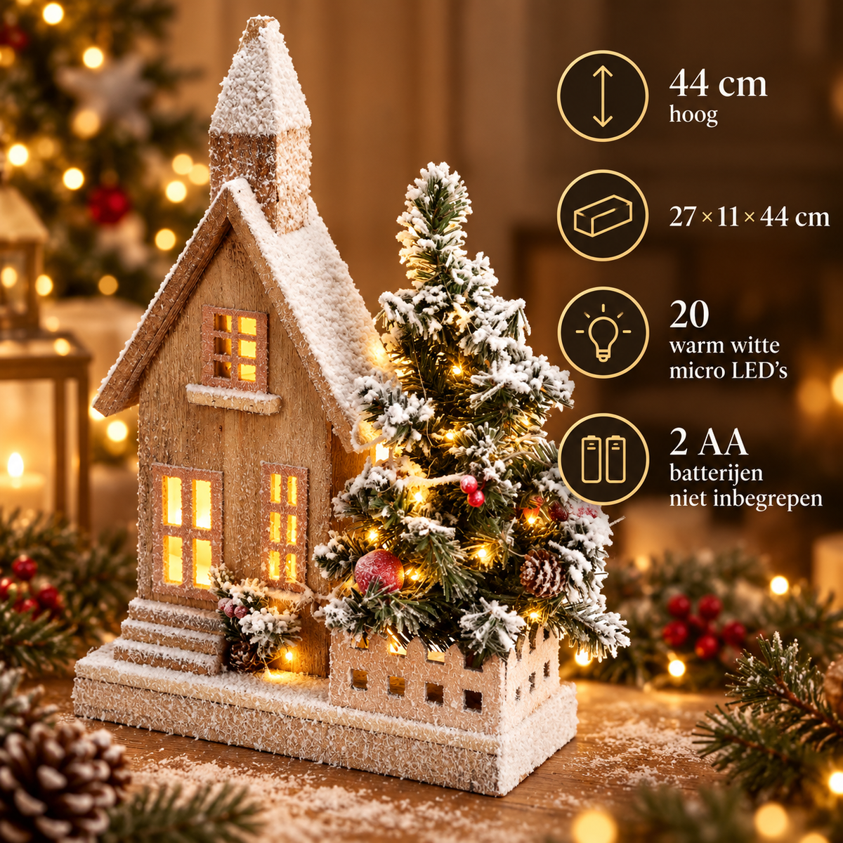 Specificatiebeeld houten kersthuisje 44 cm met 20 ledlampjes