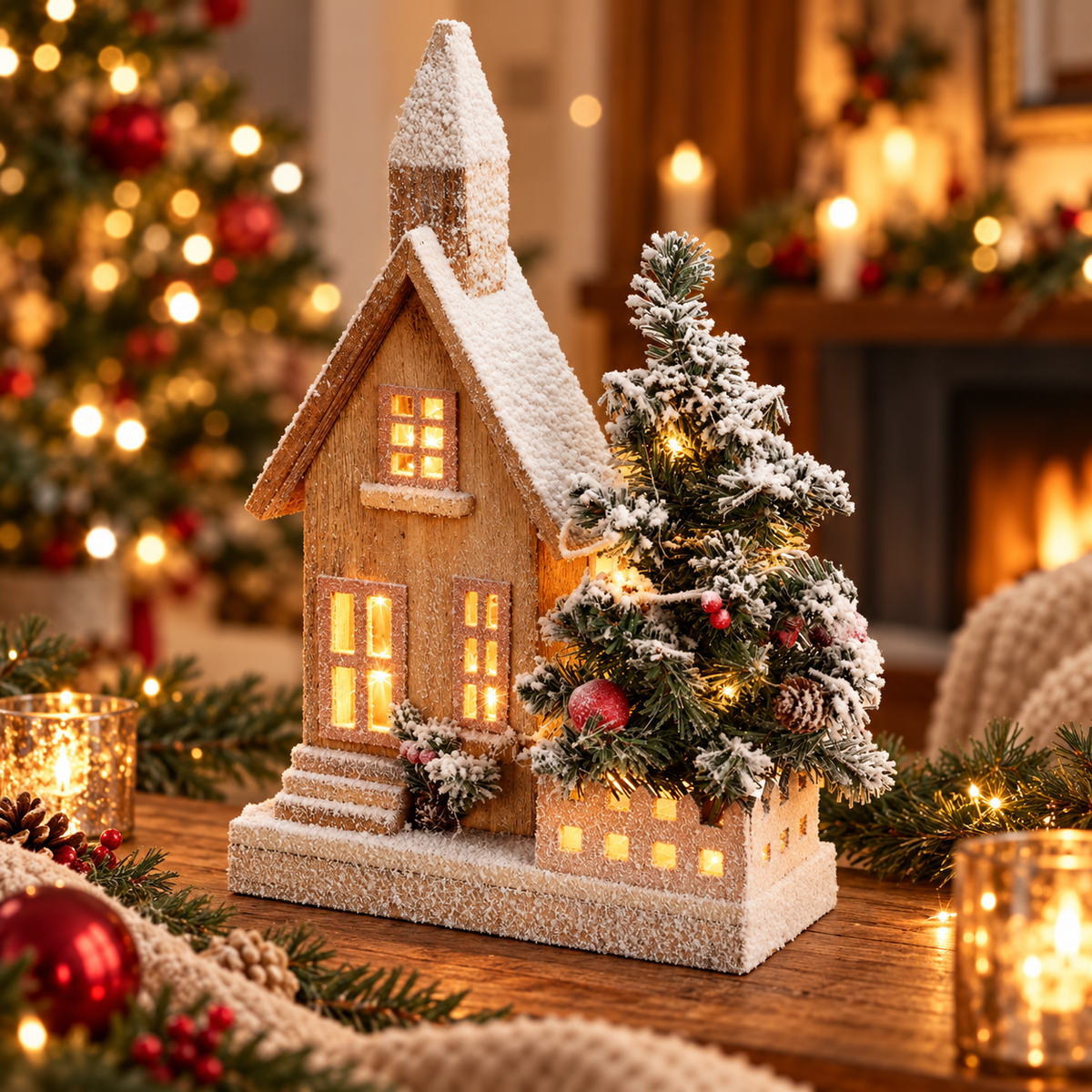 Houten kersthuisje met ledverlichting als sfeerdecoratie