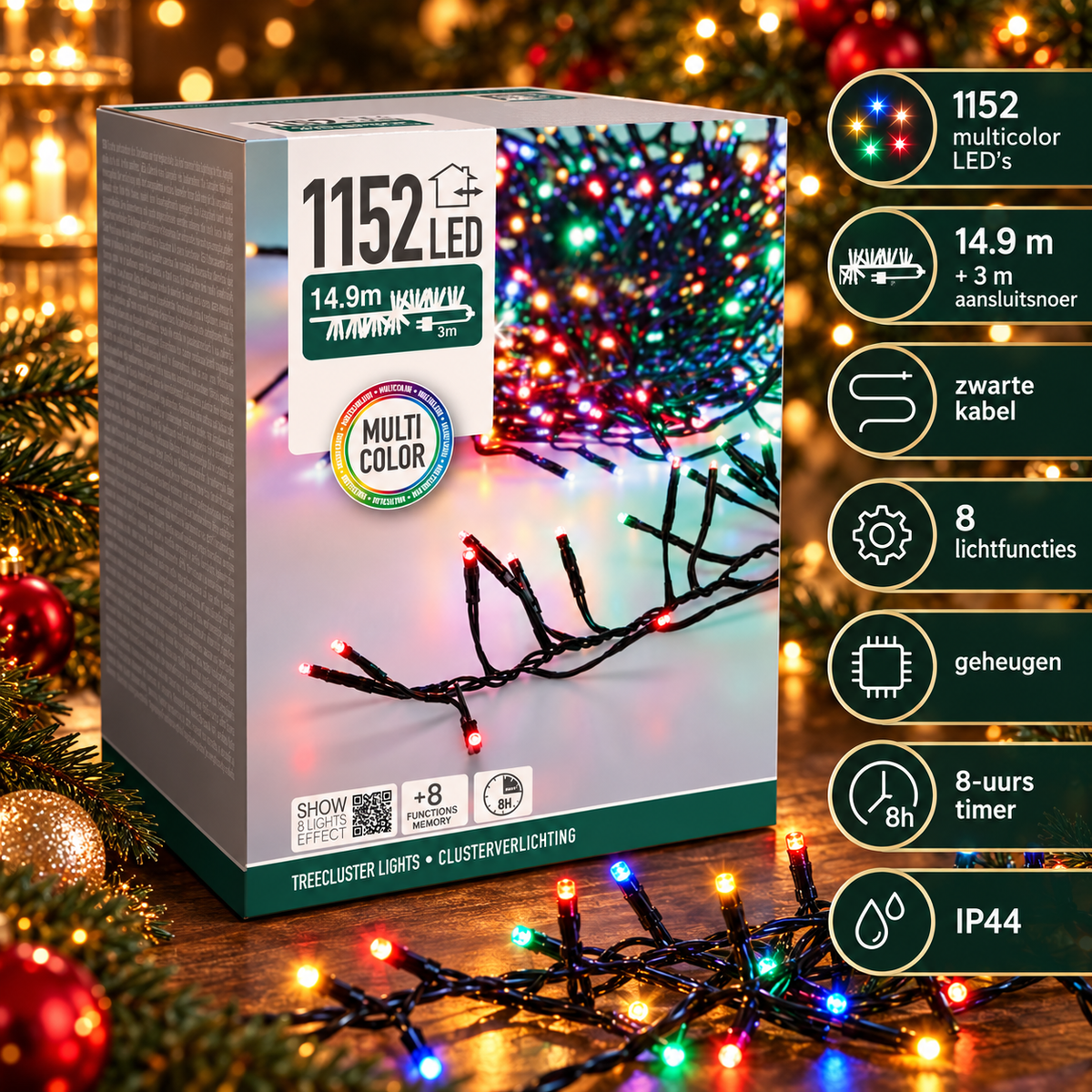 Specificatiebeeld clusterverlichting 14,9 m met 1152 multicolor ledlampjes