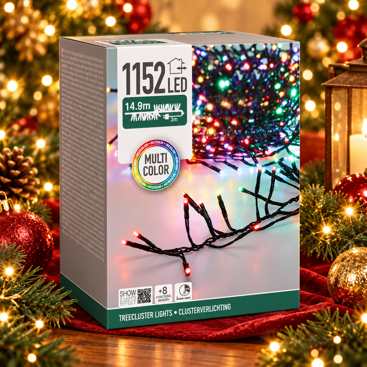 Clusterverlichting 14,9 m met 1152 multicolor ledlampjes als luxe kerstsfeer