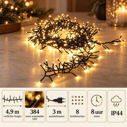 Clusterverlichting 4,9 m, 384 extra warmwitte leds, timer en IP44 kenmerken