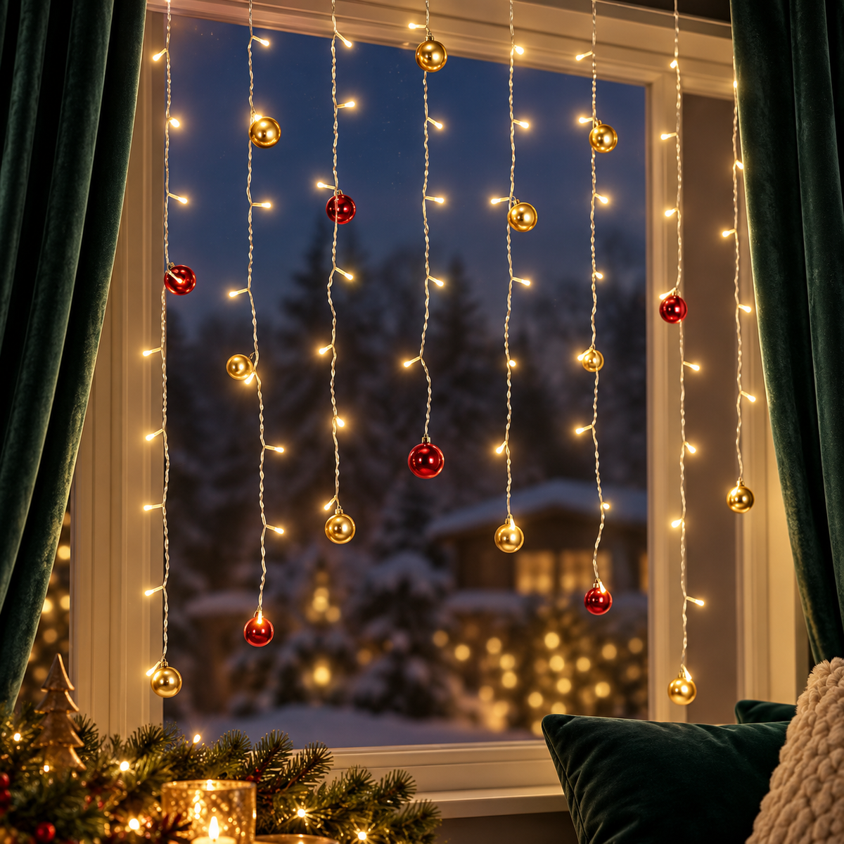 Detail van warmwit lichtgordijn met rode en gouden kerstballen