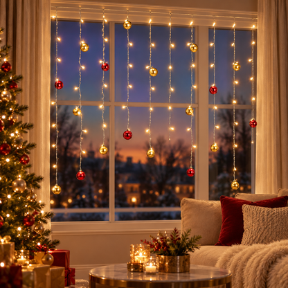 Lichtgordijn met warmwitte leds en rode en gouden kerstballen in een luxe interieur