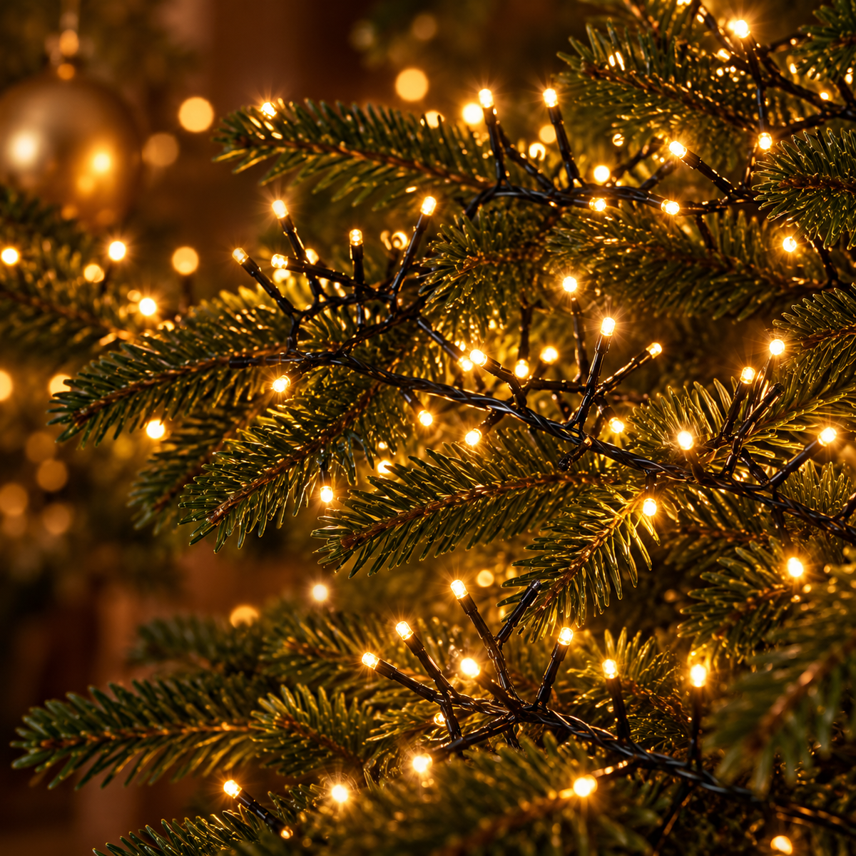 Detail van extra warmwitte clusterverlichting met zwart snoer