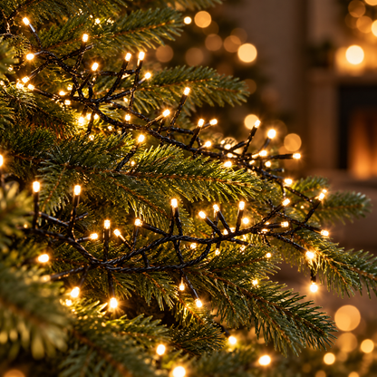 Detail van warmwitte clusterverlichting met zwart snoer aan dennentakken