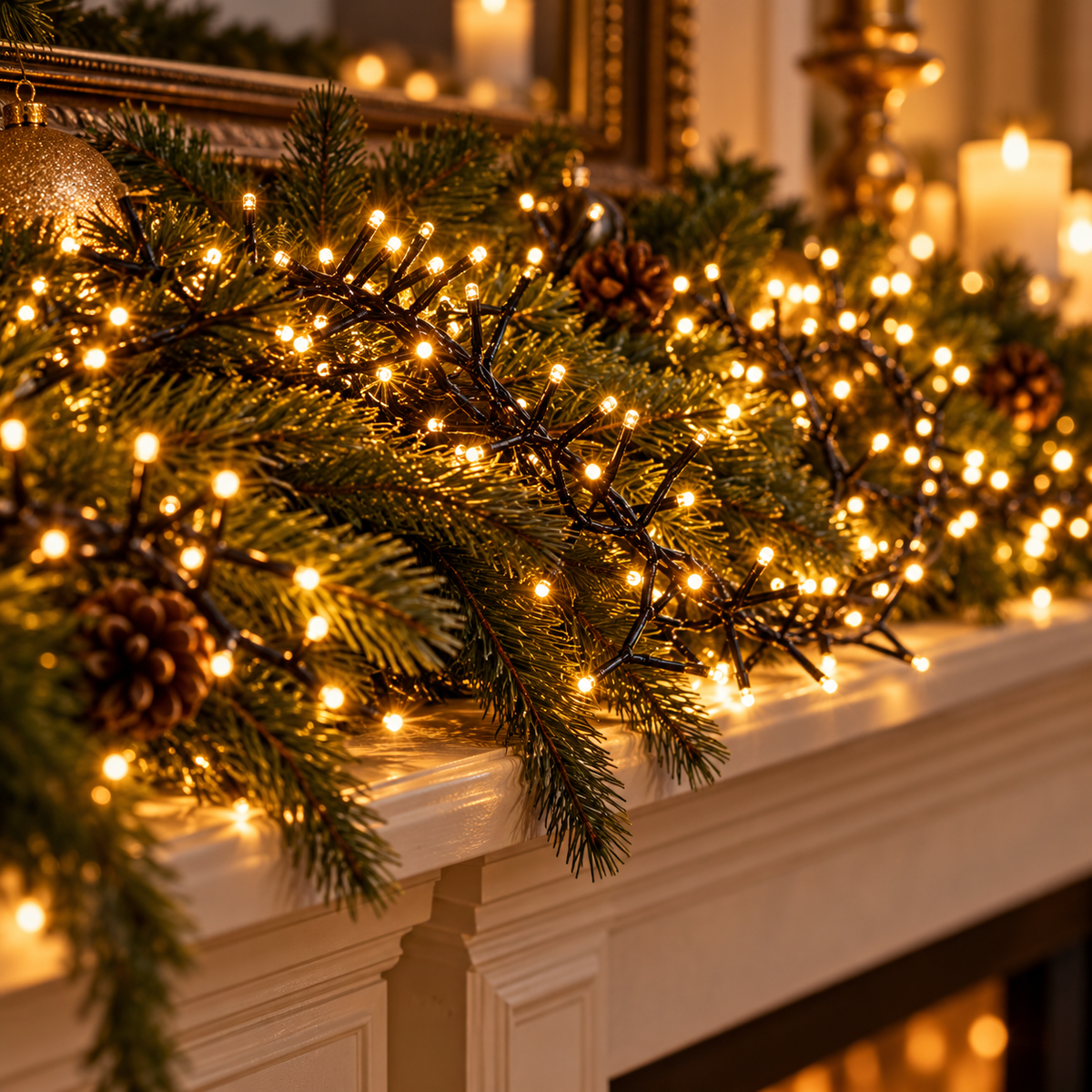 Detail van extra warmwitte clusterverlichting op een luxe kerstguirlande
