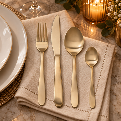 Detail van mat goudkleurig bestek aan een luxe tafel