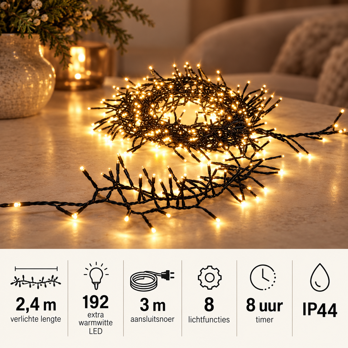 Clusterverlichting 2,4 m, 192 extra warmwitte leds, timer en IP44 kenmerken