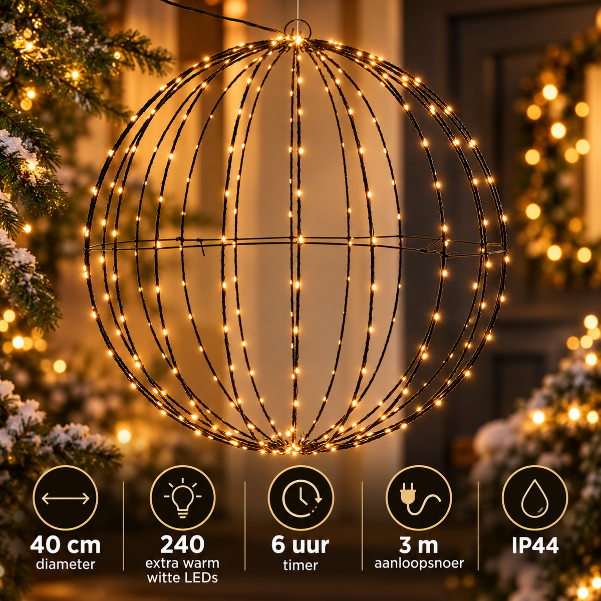 Specificatiebeeld lichtbol 40 cm met 240 extra warm witte leds