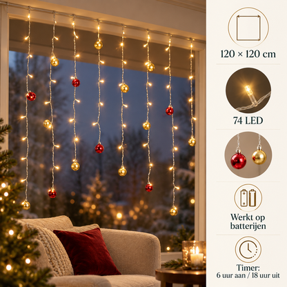 Lichtgordijn kerstballen 120 × 120 cm, 74 led, batterij en timer