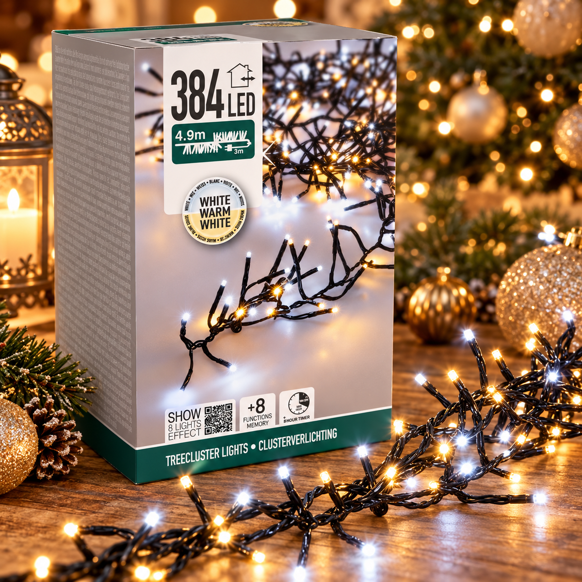 Clusterverlichting 4,9 m warm wit in luxe kerstinterieur