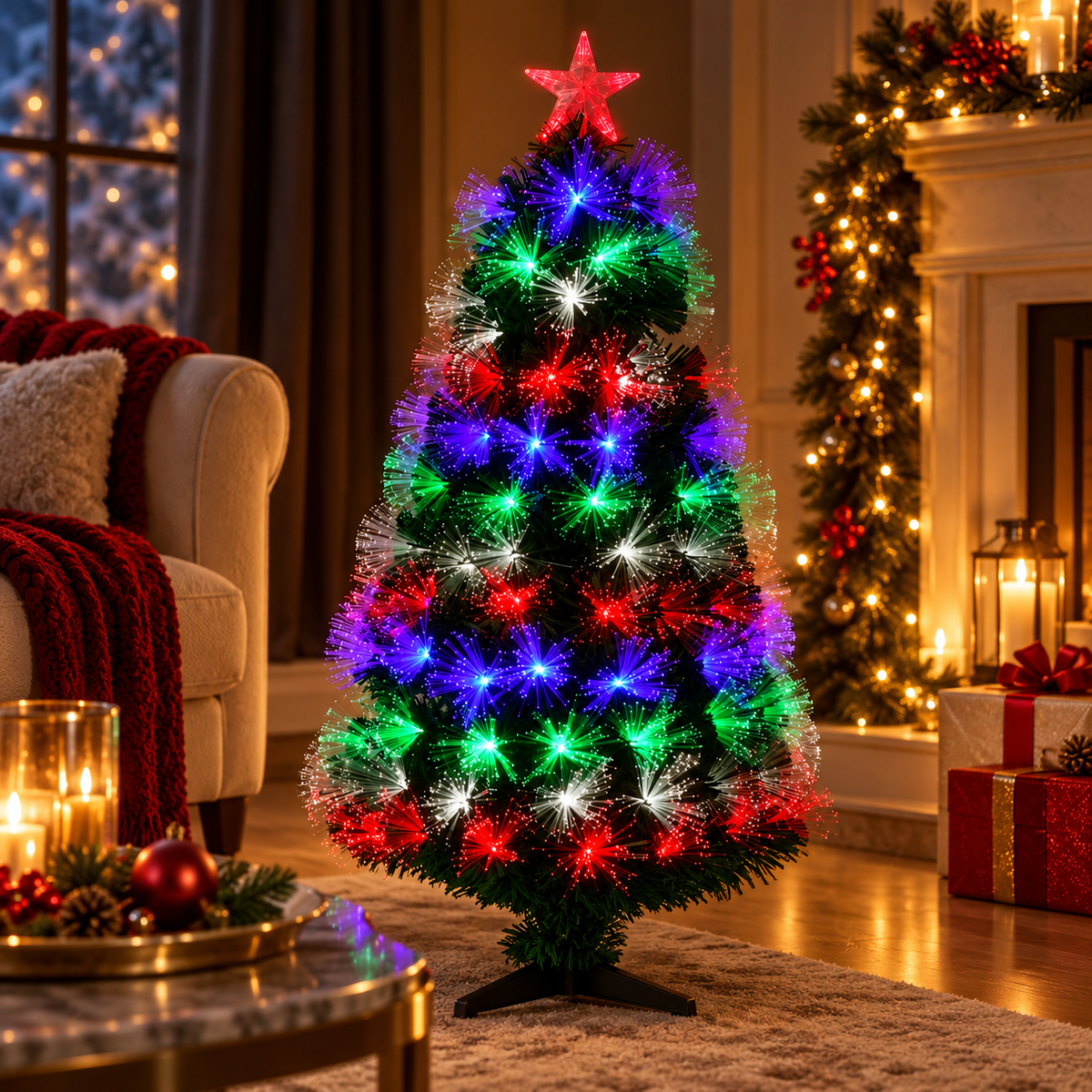 Fiber-optic kerstboom met multicolor verlichting in luxe woonkamer