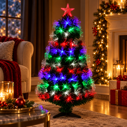 Fiber-optic kerstboom met multicolor verlichting in luxe woonkamer