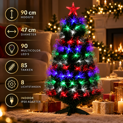 Fiber-optic kerstboom: 90 cm hoog, 47 cm diameter, 90 LED's, 85 takjes en 8 lichtstanden
