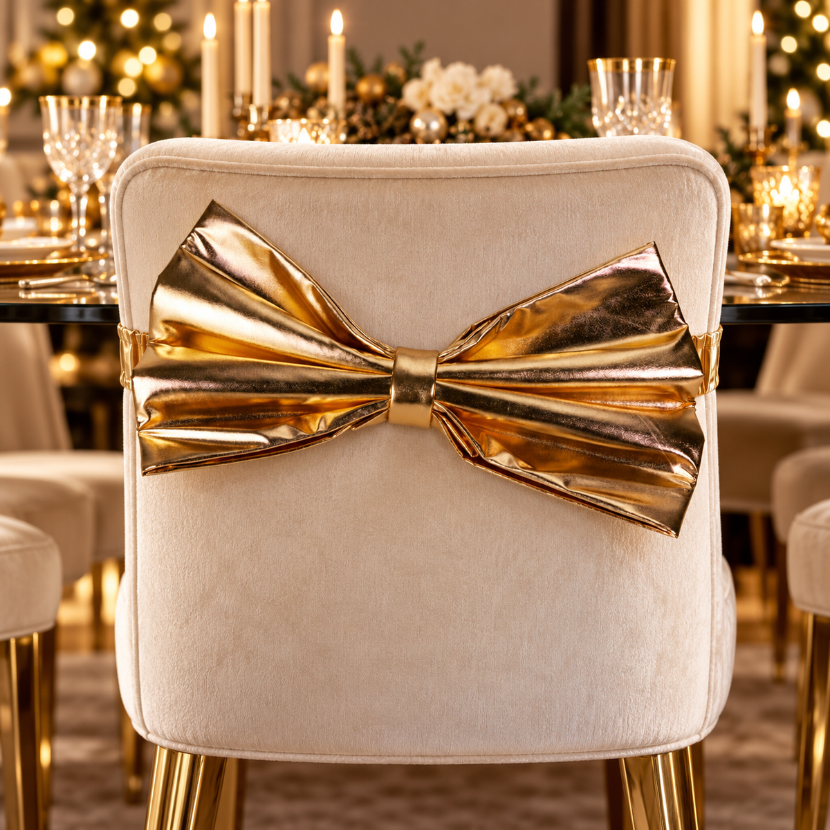 Gouden glanzende kerststrik aan crème eetkamerstoel