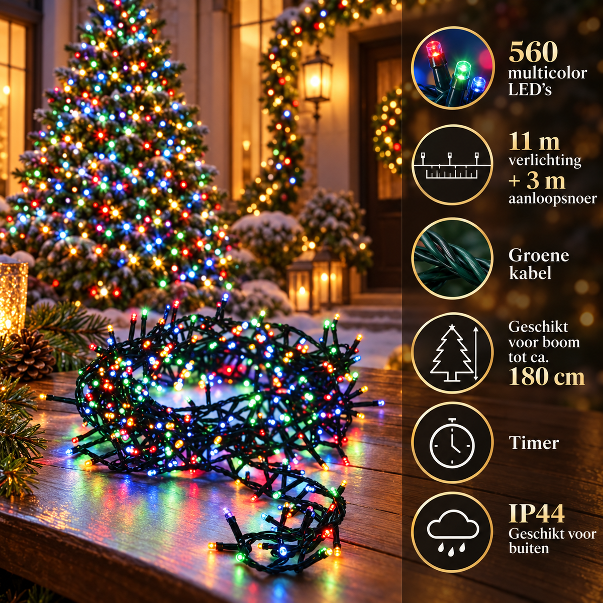 560 multicolor LED's, 11 m plus 3 m aanloopsnoer, geschikt tot ca. 180 cm, groen snoer, timer en IP44