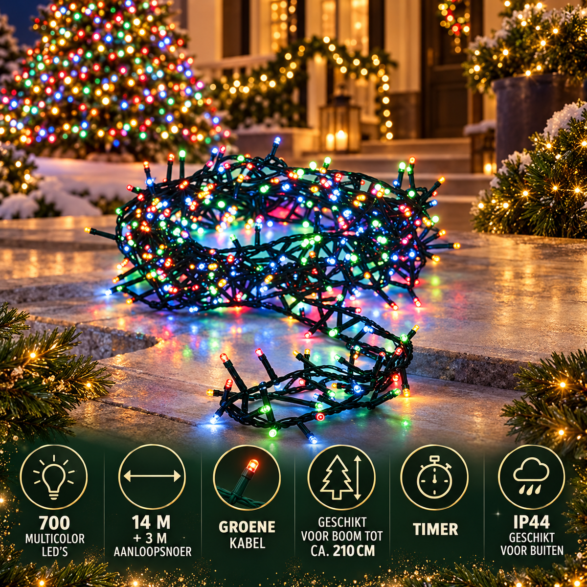 700 multicolor LED's, 14 m plus 3 m aanloopsnoer, geschikt tot ca. 210 cm, groen snoer, timer en IP44