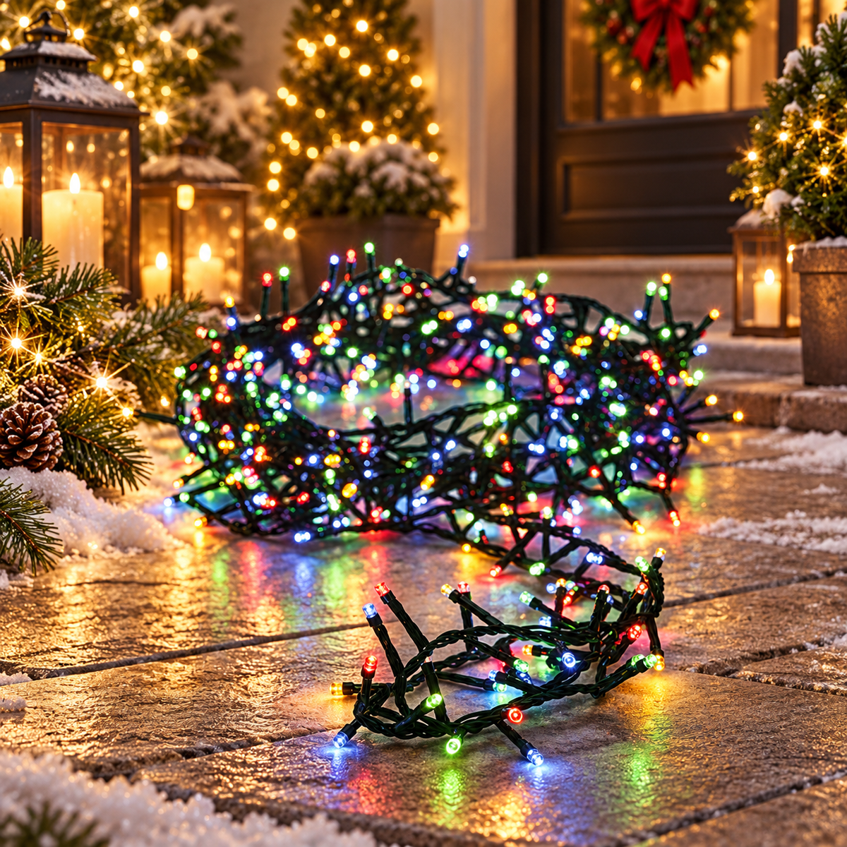 Multicolor kerstverlichting 24 m met groen snoer in luxe buitensetting