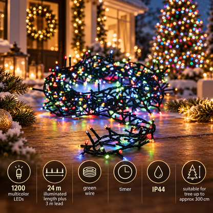 1200 multicolor LED's, 24 m lengte plus 3 m aanloopsnoer, groen snoer, timer en IP44