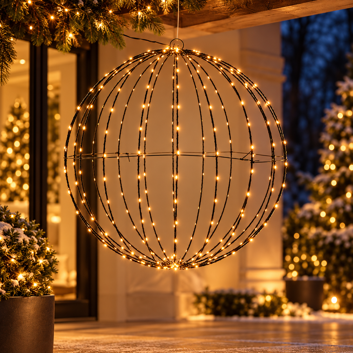Zwarte metalen lichtbol met 320 extra warmwitte LED's