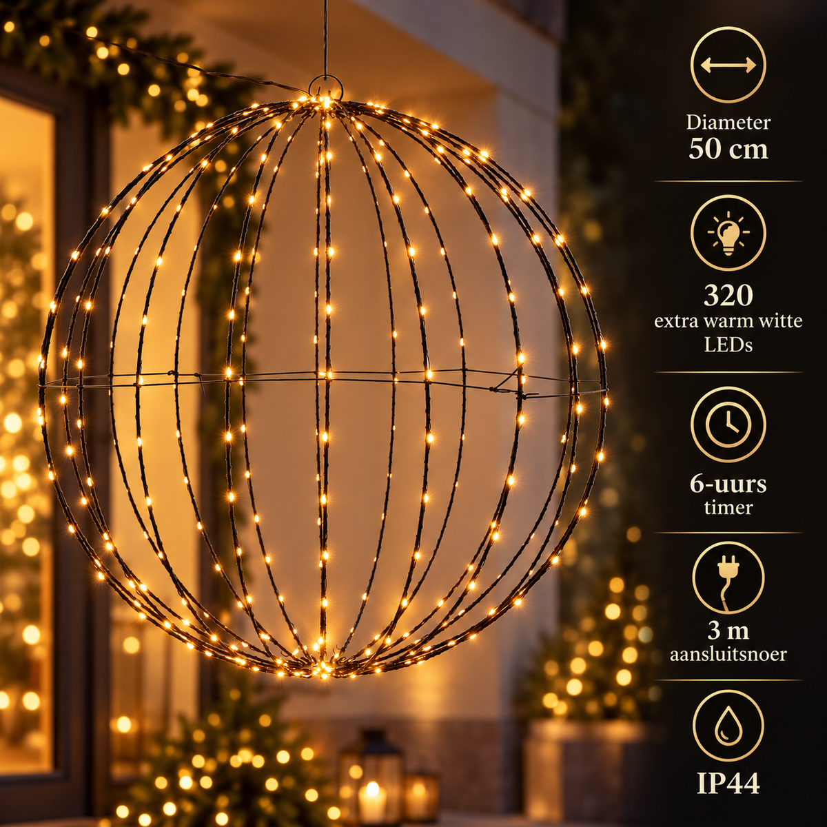 Lichtbol diameter 50 cm met 320 extra warmwitte LED's, timer, 3 m snoer en IP44