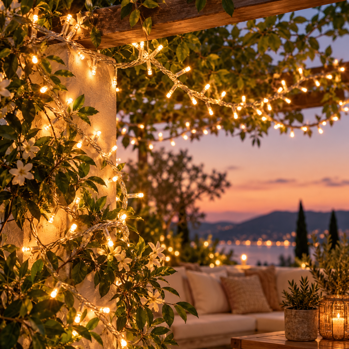 Lichtsnoer met warmwitte LED's als luxe terrasverlichting bij avond