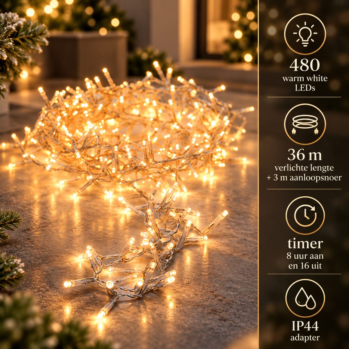 480 warmwitte LED's, 36 meter verlichte lengte plus 3 meter aanloopsnoer, timer en IP44