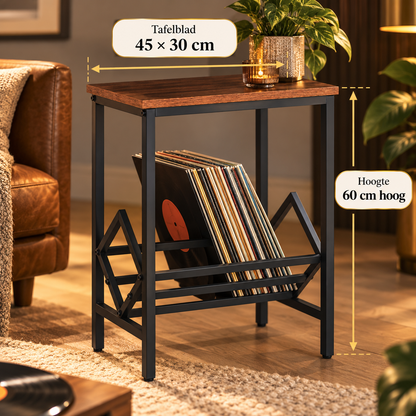 LP-rek met houtlook tafelblad 45 × 30 cm en hoogte 60 cm, platen schuin geplaatst