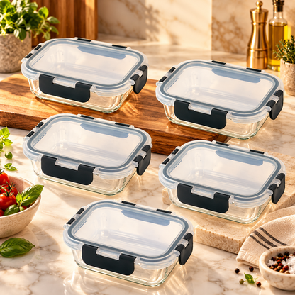 Set van vijf glazen meal prep bakjes met afsluitbare deksels