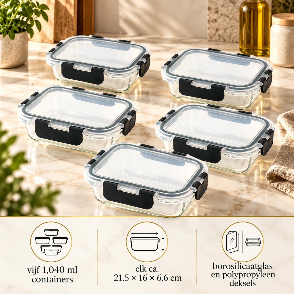 Vijf glazen bakjes van 1.040 ml, elk ca. 21,5 × 16 × 6,6 cm