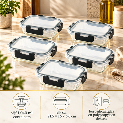 Vijf glazen bakjes van 1.040 ml, elk ca. 21,5 × 16 × 6,6 cm