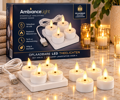Oplaadbare LED theelichtjes set van 8 met laadstation