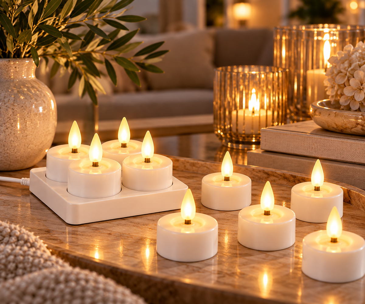 Oplaadbare LED theelichtjes in een sfeervol interieur