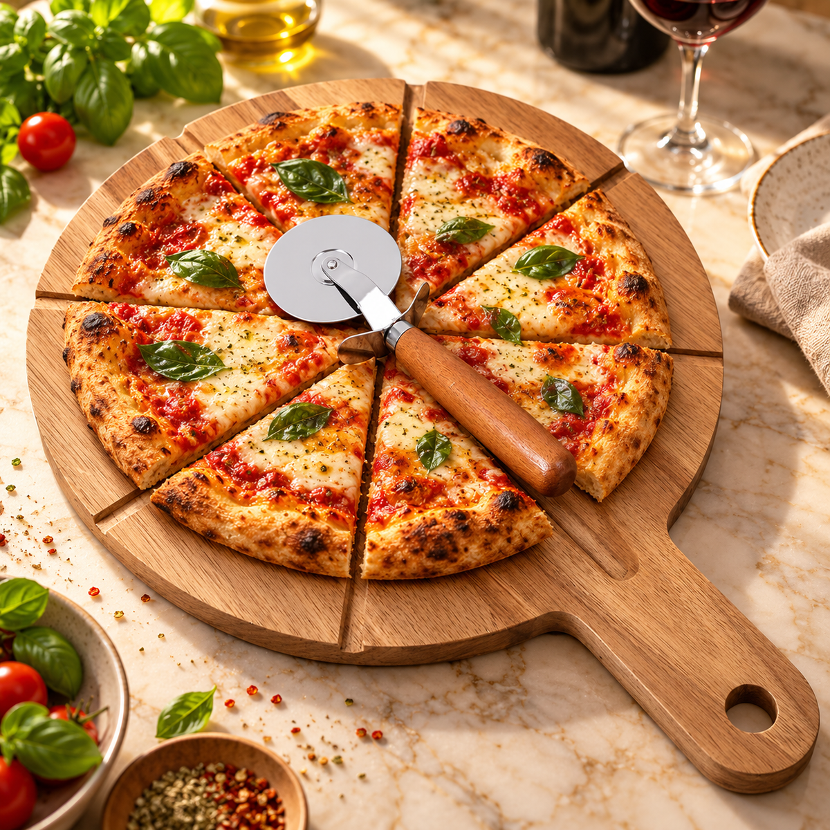 Acaciahouten pizzaplank met snijgroeven en pizzasnijder in luxe eetsfeer