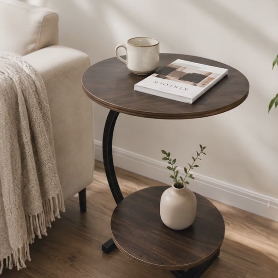 Video ronde bijzettafel hout met 2 bladen