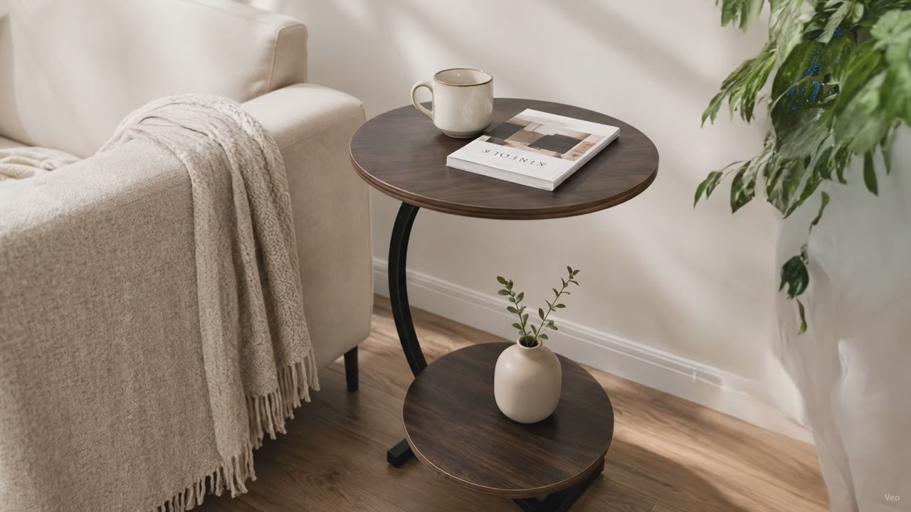 Video ronde bijzettafel hout met 2 bladen