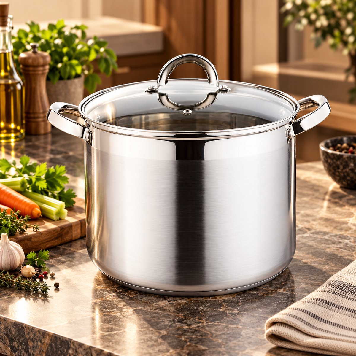 Soeppan van RVS met glazen deksel in luxe keuken
