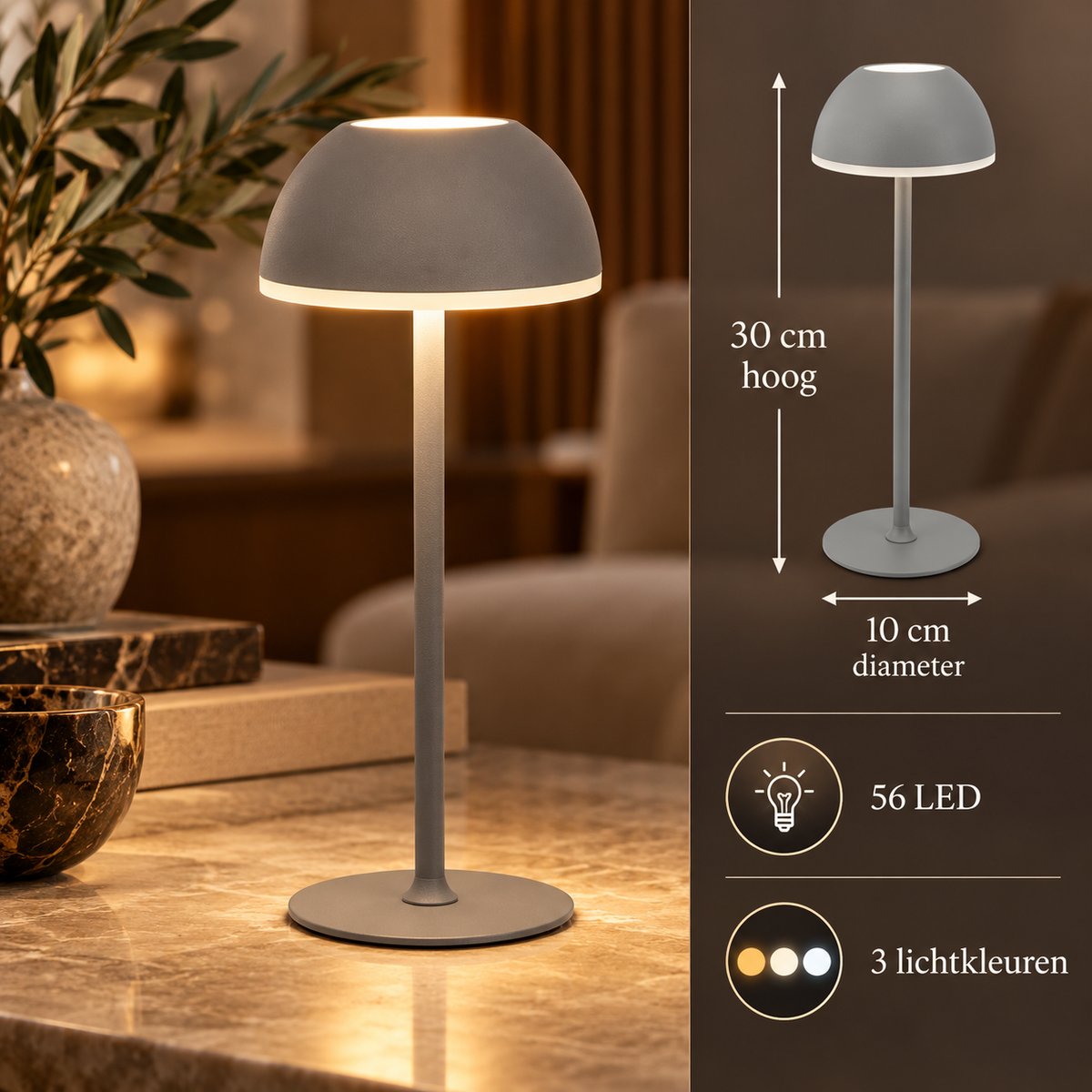 Grijze tafellamp 30 cm hoog, 10 cm diameter, 56 LED en 3 lichtkleuren