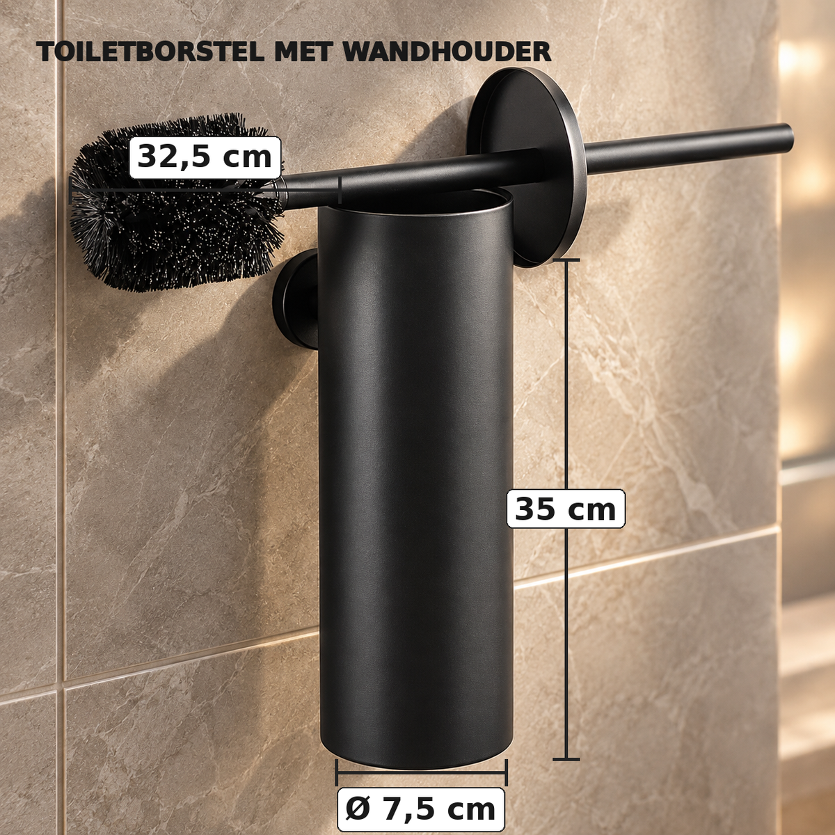 Zwarte RVS toiletborstel met wandhouder en afmetingen
