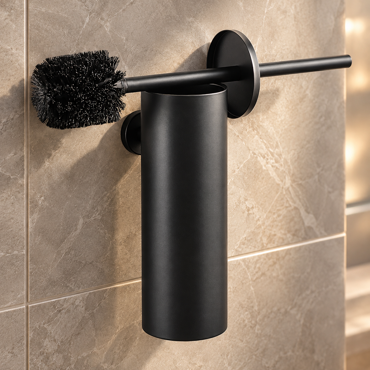 Zwarte RVS toiletborstel met wandhouder in moderne badkamer