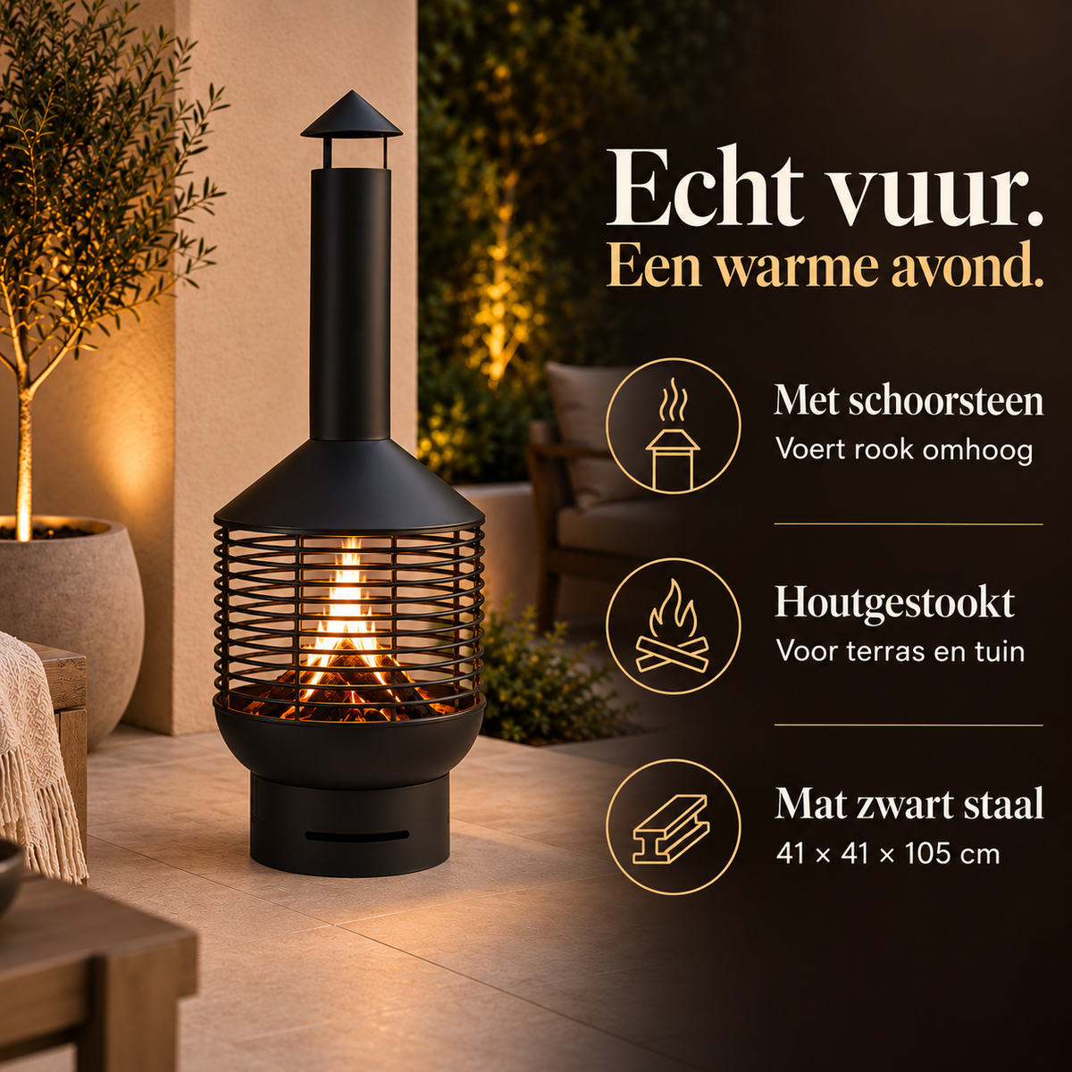 Terrashaard met schoorsteen 105 cm – kenmerken