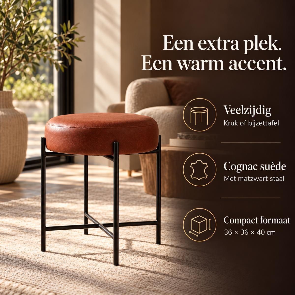 Kruk cognac suède met mat zwart frame – kenmerken