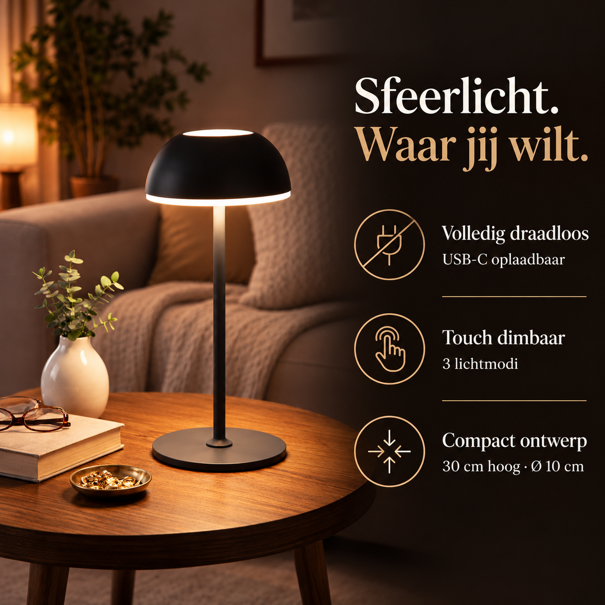 Oplaadbare tafellamp mat zwart dimbaar – kenmerken