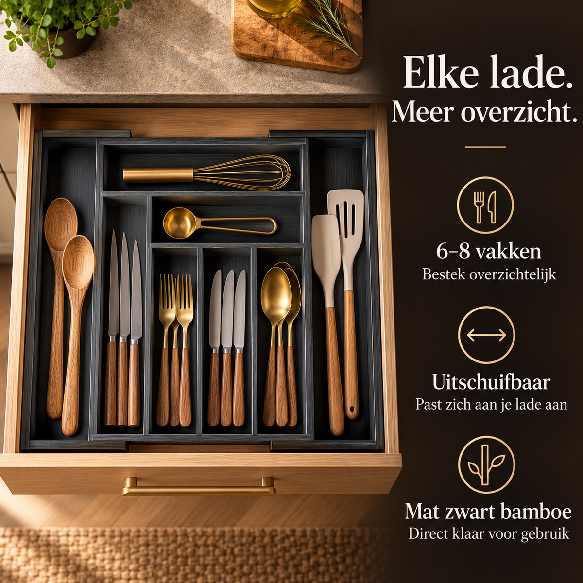 Bestekbak bamboe uitschuifbaar mat zwart – kenmerken