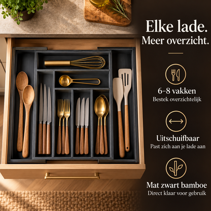 Bestekbak bamboe uitschuifbaar mat zwart – kenmerken