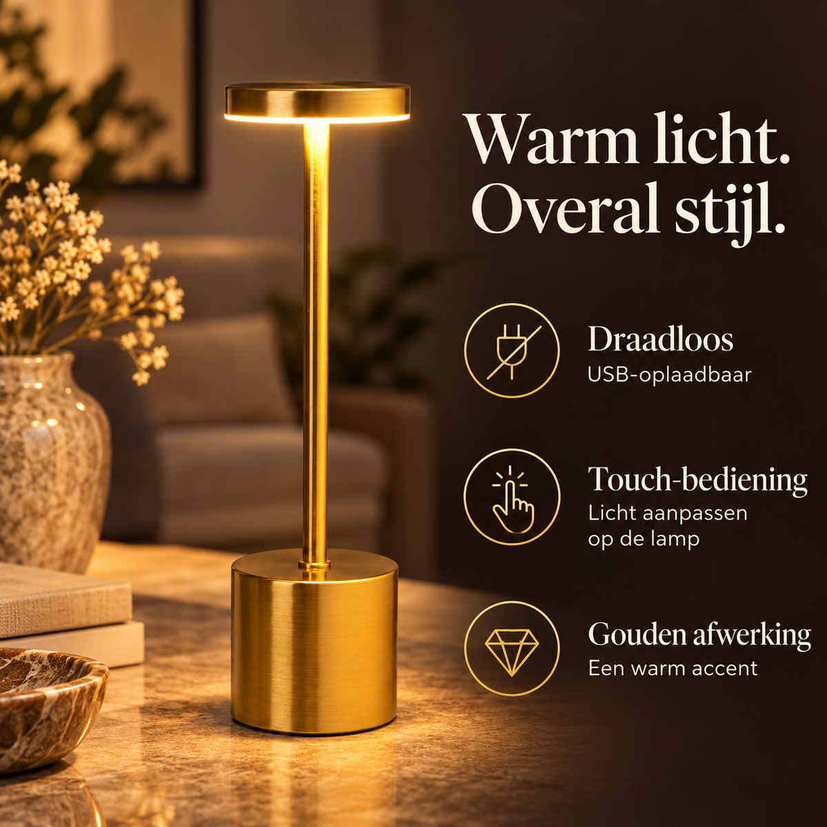 Draadloze tafellamp goud – kenmerken